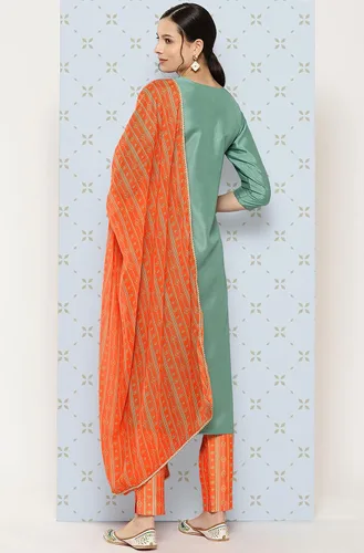 Vista 7 de Janasya Kurta de seda crepé verde salvia india bordada con pantalón y dupatta para mujer