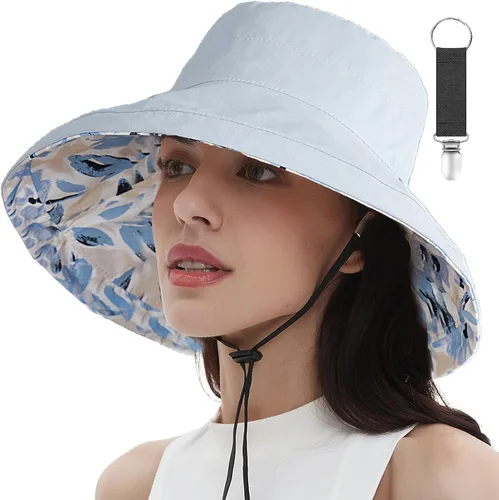 Vista 18 de vidsel Sombreros de sol para mujer, de ala ancha, reversible, de algodón, plegable, de verano, con clip para sombrero, protección UV Beige