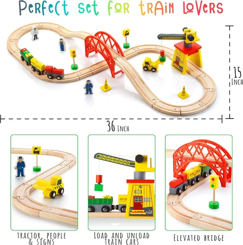 Vista 7 de KipiPol Juegos de trenes de madera para niños de 2 a 4 a 7 años – 38 piezas de tren de madera para niños pequeños con grúa, puente y pistas de tren