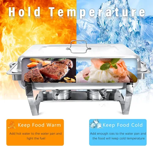 Vista 2 de Juego de 2 platos de 8 cuartos de galón para buffet de acero inoxidable, juego completo de calentador de alimentos con bandeja de agua