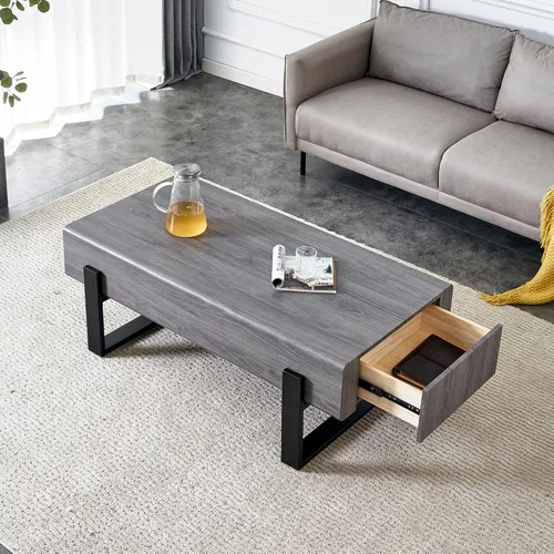 Vista 16 de Mesas de centro modernas de 2 niveles rectangulares de madera con amplio almacenamiento, perfectas para sala de estar, decoración de sala