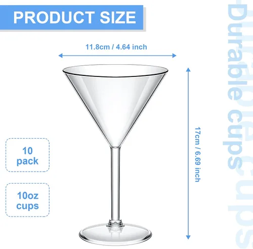 Vista 2 de Paquete de 8 vasos acrílicos de Martini a granel de 9.5 onzas, grandes, reutilizables, transparentes, vasos de cóctel irrompibles, vasos de plástico