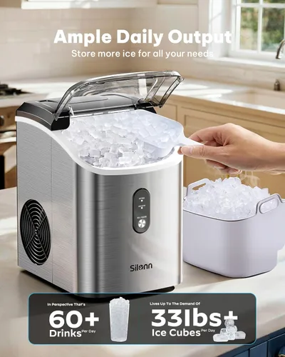 Vista 3 de Silonn Máquina de hielo de pepitas para encimera, máquina de hielo de pellets con función de autolimpieza, la máquina de hielo sónico produce 33