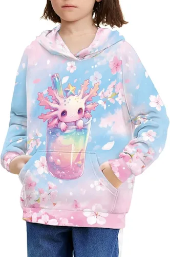 Vista 31 de Ystardream - Sudaderas para niñas adolescentes con bolsillo, sudaderas de manga larga para niños 0 Lindo Axolotl Rosa