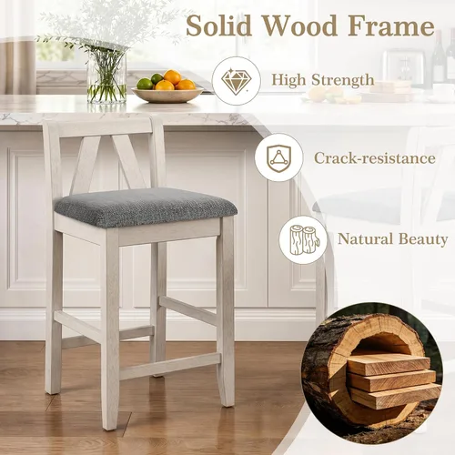 Vista 3 de VECELO Juego de 2 taburetes de bar de altura de mostrador, taburetes de bar de madera maciza de 25 pulgadas con asiento acolchado tapizado, sillas