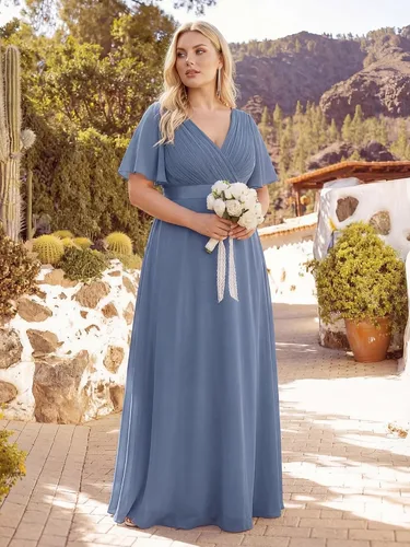 Vista 3 de Ever-Pretty Vestidos formales de noche de gasa para mujer con cuello en V de talla grande para mujeres con curvas, vestido de dama de honor de largo