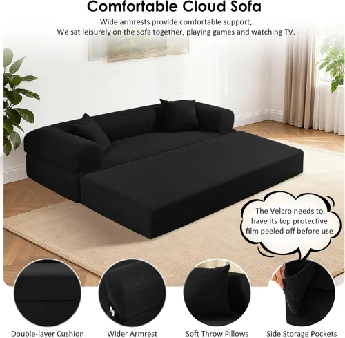 Vista 5 de Sofá cama convertible de 80 pulgadas, sofá cama plegable de pana con almohadas, sofá de compresión moderno sin hueso sin montaje, sofá de compresión
