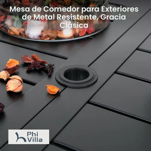 Vista 6 de PHI VILLA Juego de comedor al aire libre de 7 piezas para 6, mesa rectangular de hierro forjado de 152 cm con orificio para sombrilla y sillas