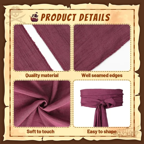 Vista 7 de 2 unidades de cinturón de pirata de Halloween, color negro y rojo vino, gran bandana pirata, cinturón de cintura para hombres y mujeres, Halloween