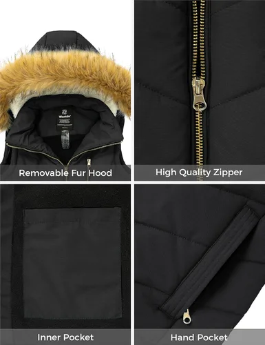 Vista 6 de Wantdo Chaleco grueso de invierno para mujer, acolchado, cálido, con capucha de piel extraíble