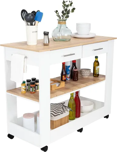 Vista 2 de FM FURNITURE Brooklyn 80 Isla de cocina con acento de roble claro, con estantes y cajones