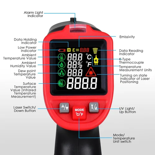 Vista 8 de Termómetro infrarrojo IR láser pistola de temperatura 58 ° ~ 1562 °F con termopar tipo K y abrazadera de plomo, termómetro digital con abrazadera