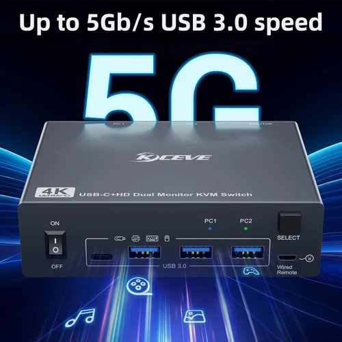 Vista 5 de Interruptor KVM 2 Monitores 1 Laptop y 1 Computadora de Escritorio 4K@60Hz, Camgeet Interruptor KVM USB C HDMI Monitor Dual con 4 Puertos USB3.0