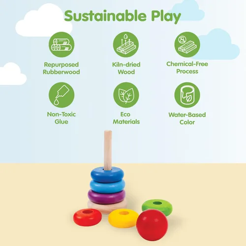 Vista 3 de PlanToys Anillo apilable de madera para motricidad fina inspirada en Montessori y aprendizaje temprano Reconocimiento de color, resolución