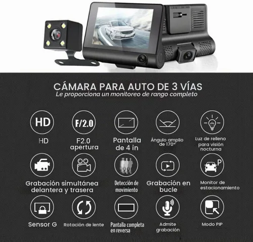 Vista 2 de Dash Cam, Dash Cam frontal y trasera, cámara de tablero de 4 pulgadas