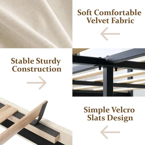 Vista 5 de CXVX Marco de cama de tamaño matrimonial con estructura de plataforma y cabecera tapizada, diseño con botones, listones de madera resistentes,