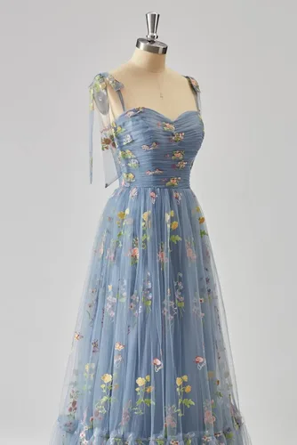 Vista 6 de Toreque Vestido de fiesta de tul con bordado de flores para mujer, tirantes delgados, corsé, largo, formal, vestidos de fiesta de noche