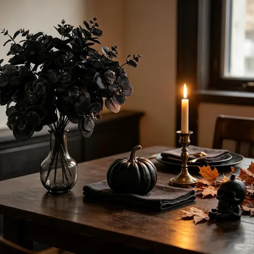 Vista 5 de Tinsow 5 tallos de eucalipto artificiales negros, ramas de eucalipto sintético, hojas negras, centro de mesa de Halloween, decoración del hogar
