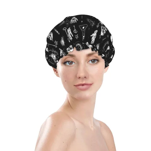 Vista 3 de Gorro de ducha gótico, cuervo, cuervo, calavera, luna, estrella, gótico, gorra de baño diseñada para mujeres, impermeable, doble capa