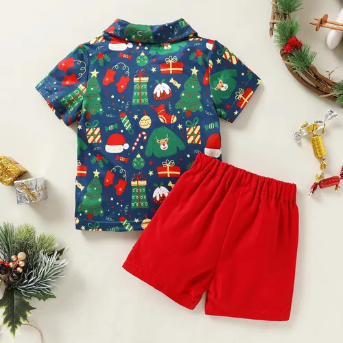Vista 3 de JEELLIGULAR Conjunto de pantalones cortos y camisa con botones y estampado de Papá Noel para niños pequeños