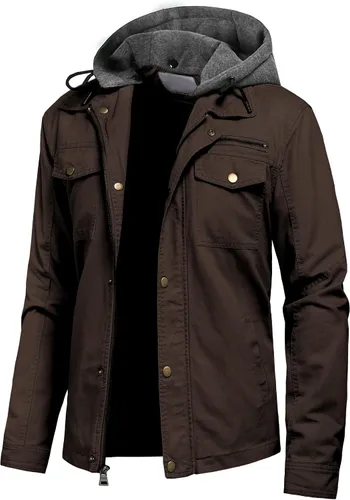 Vista 10 de Pursky Chaqueta de lona de algodón militar casual para hombre con capucha desmontable