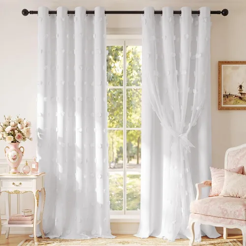 Vista 24 de RYB HOME Cortinas rosas con bonito pompón transparente superposición de 96