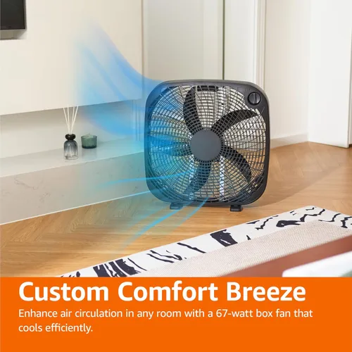 Vista 4 de Amazon Basics Ventilador de caja de 3 velocidades para dormitorio, portátil con asa de transporte, potente flujo de aire, 5 cuchillas, diseño