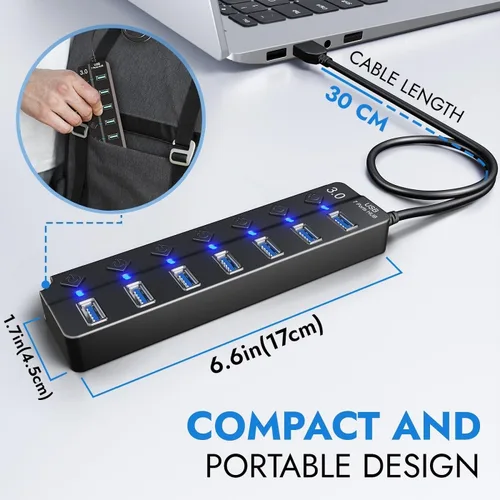 Vista 6 de Hub USB 3.0 – Hub USB 3.0 de 7 puertos con interruptores individuales de encendido/apagado y luces – Cable de 3.2 pies/3.3 ft de largo de alta