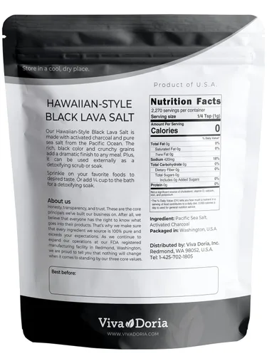Vista 2 de Viva Doria Hawaiian Black Lava Mar Sal, Grano Medio, Sal de Lava, 5 lb (2.27 Kg)