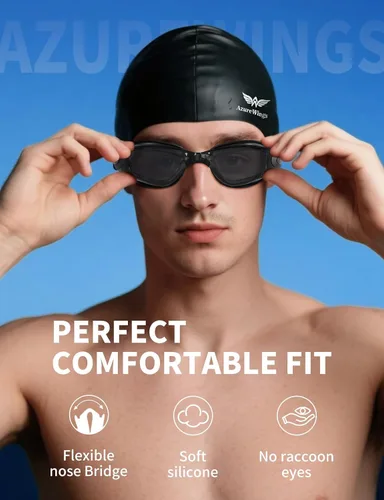 Vista 2 de Gafas de natación 7 en 1 + gorro de natación para hombres y mujeres, sin fugas, antivaho y UV, lente de PC con espejo HD de visión amplia