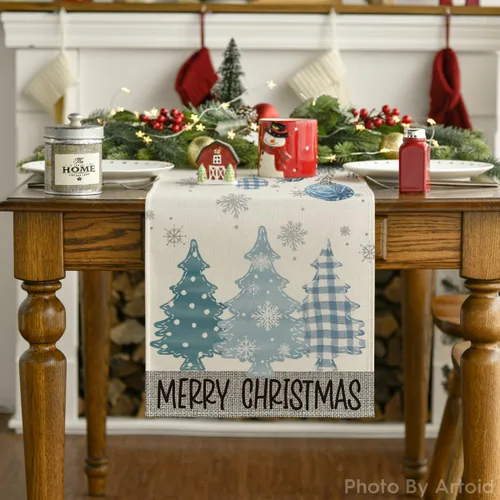 Vista 2 de Artoid Mode - Camino de mesa de Navidad con pinos azules, decoración navideña para mesa de comedor de 13 x 36 pulgadas