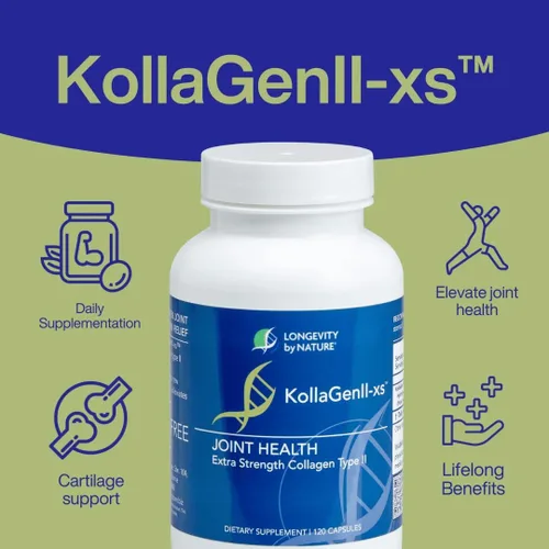 Vista 2 de Longevity by Nature Extra Strength KollaGen II-XS- Colágeno tipo II con ácido hialurónico, condroitina y glucosamina – Soporte para articulaciones