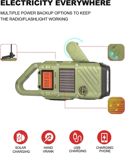Vista 5 de Walkie Talkies de emergencia para adultos con NOAA, FM, SOS, escaneo y linterna 10 millas, manivela solar/carga USB, campamento VOX, caza