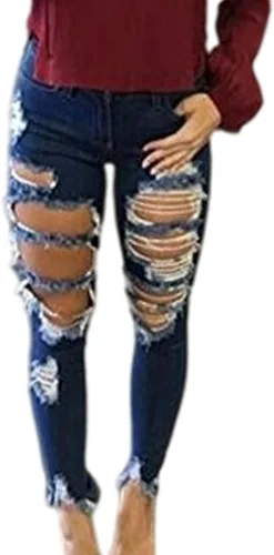 Vista 2 de Pantalones de mezclilla de pitillo Sexyshine, de talle alto, estilo muy delgado, con agujeros rasgados, largos, elásticos.
