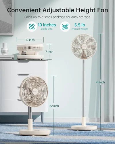Vista 5 de TriPole Ventilador de Pedestal Plegable de 12" Portátil Recargable con Batería con Control Remoto, Configuración de Temporizador, Altura Ajustable