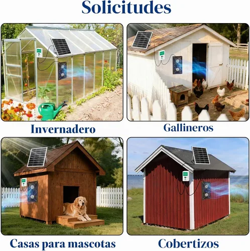 Vista 7 de Extractor solar, panel solar de 25 W y 2 ventiladores con batería de 7500 mAh, impermeable IP68, para gallinero, cobertizo, invernadero, casa