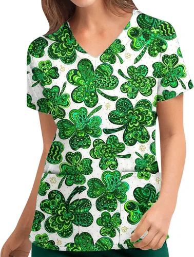 Vista 2 de Womens Top Print Blouses for Women Short Sleeve V Neck Work Scrub Summer Fall Shirt 2023 Fashion