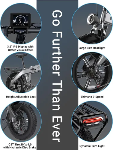 Vista 5 de Bicicleta eléctrica para adultos de 12001400 W de pico, 3028 MPH 60 millas, batería de 720 WH 20 x 4.0 neumáticos gruesos plegables para adultos