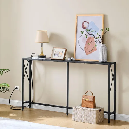 Vista 2 de Gewudraw - Mesa de sofá estrecha de 55.1", mesa consola con tomas de corriente y puertos USB, mesa de entrada, mesa de sofá industrial para pasillo