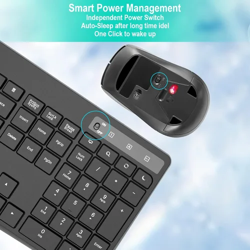 Vista 4 de Combo de teclado y mouse inalámbricos, EarlyLit 2.4G ergonómico de tamaño completo, mouse y teclado USB inalámbricos, 12 teclas de acceso directo