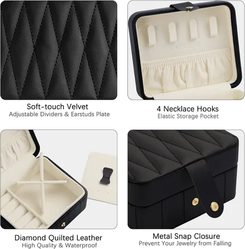 Vista 3 de KAMIER Organizador de viaje de joyería cajas de joyería portátiles de cuero acolchado con diamantes para mujeres y niñas organizador pequeño