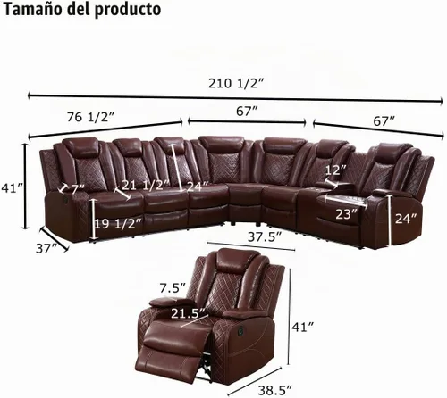 Vista 2 de Juego de sofá modular reclinable eléctrico con luz LED, sofás seccionales de cuero, juegos de muebles de sala de estar, modernos juegos de sofá