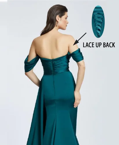 Vista 4 de Vestidos de fiesta con hombros descubiertos 2023 con cuentas de satén de sirena con abertura larga, vestidos de noche para mujer, vestidos de dama