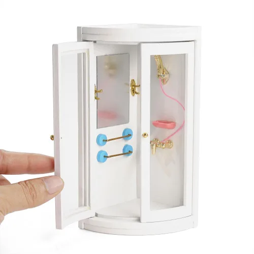 Vista 3 de Odoria Cabina de ducha para casa de muñecas en miniatura: esquina de ducha a escala 1/12 para baño moderno - Mini muebles de madera blanco