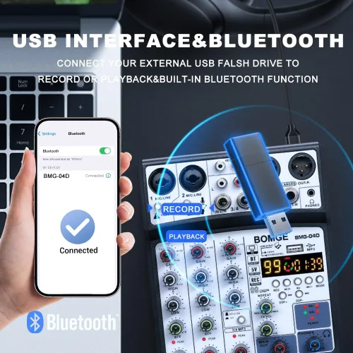 Vista 5 de BOMGE 04D portátil bluetooth 4 canales DJ mezclador de sonido de audio consola de mezcla con interfaz USB, entrada de alimentación fantasma de 48 V