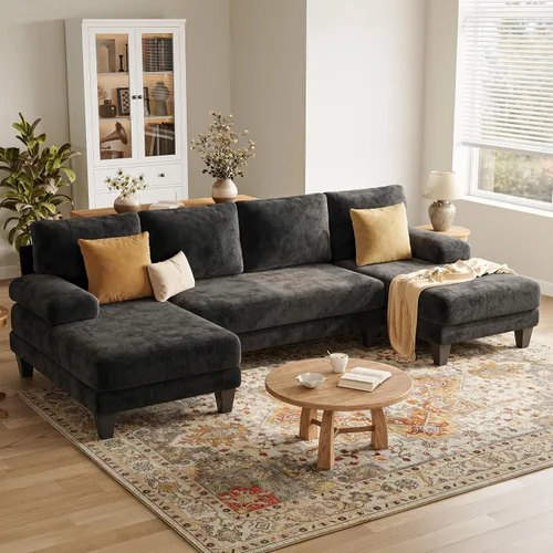 Vista 9 de Sofás seccionales en forma de U para sala de estar, sofá modular moderno de 112 pulgadas, sofá de felpilla gris oscuro con diván doble