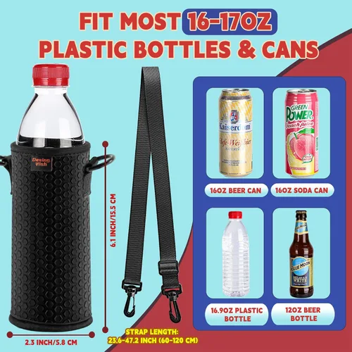 Vista 2 de Fundas aislantes portátiles de plástico de 16.9 onzas, fundas aislantes de 16, 17, 18 onzas, soporte para botellas/latas con correa para el hombro