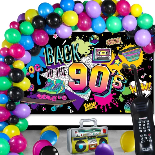 Vista 8 de Breling Decoraciones de fiesta de los años 80 y 90: paquete temático de música retro con boombox inflable y teléfono móvil, telón de fondo, 55