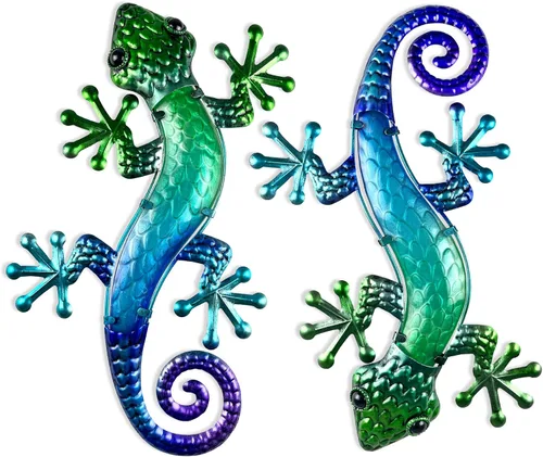 Vista 10 de HONGLAND Arte de pared de Gecko de metal, 2 unidades de lagarto de 15 pulgadas, decoración para exteriores, escultura de vidrio colgante, decoración