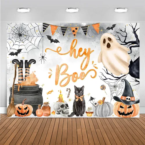 Vista 5 de Mocsicka Telón de fondo de Halloween para decoración de fiesta de baby shower de niño Boo-y, pancarta azul, bonita y espeluznante (8 x 6 pies)